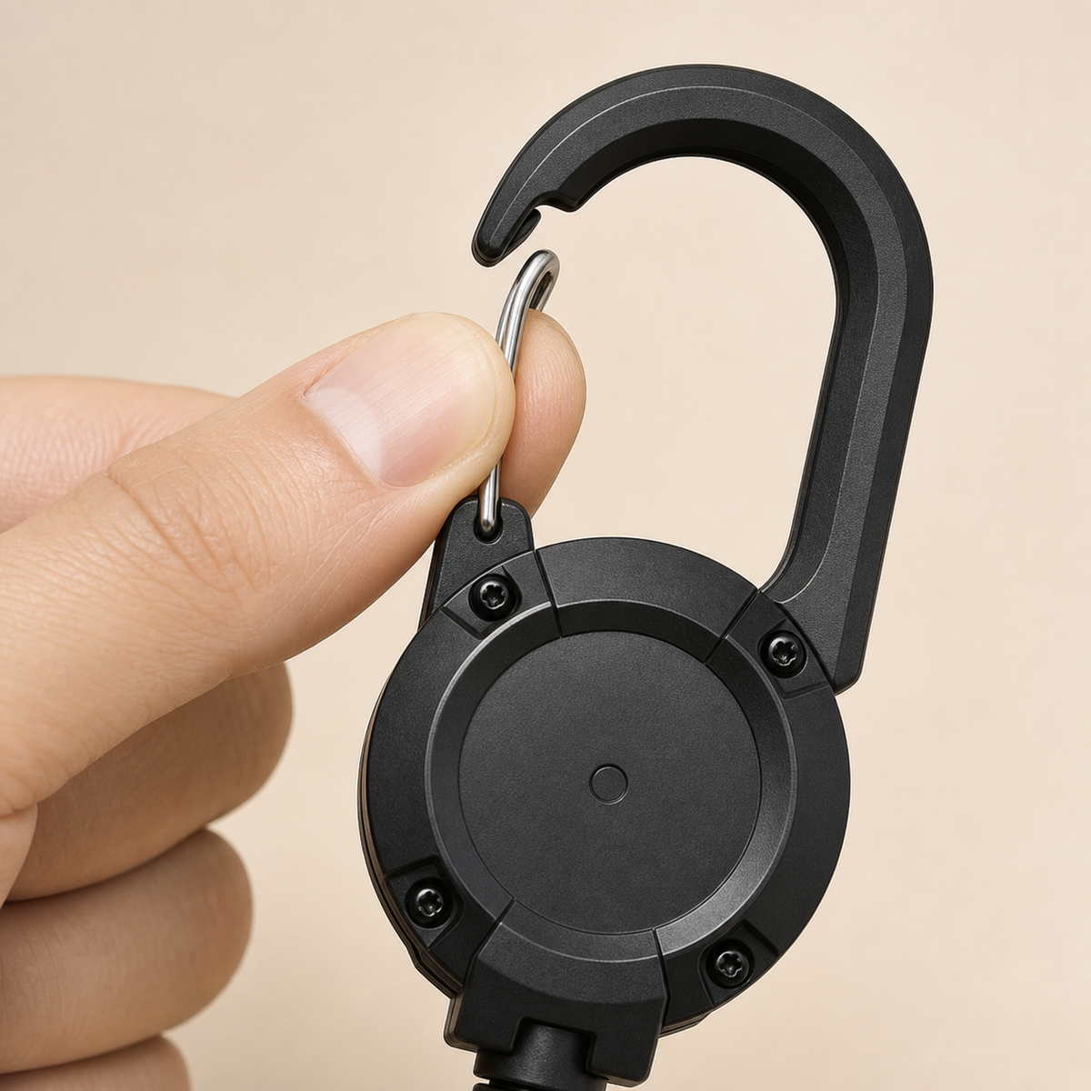 Close-up of the TUGLO metal carabiner gate