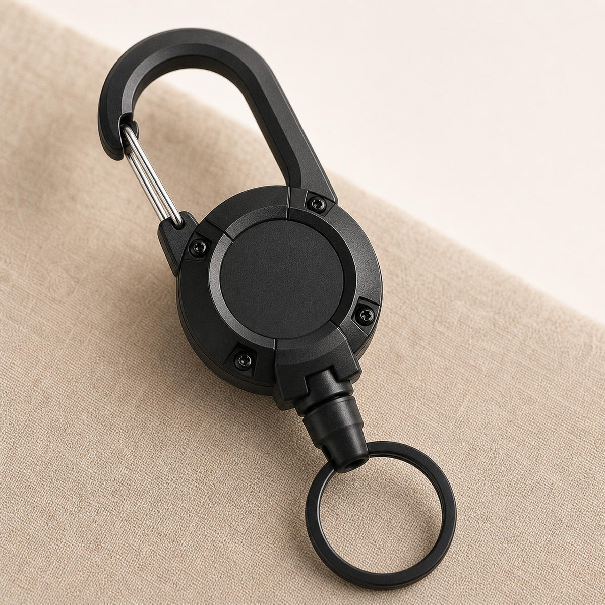 Close view of the black TUGLO body, carabiner and split key ring