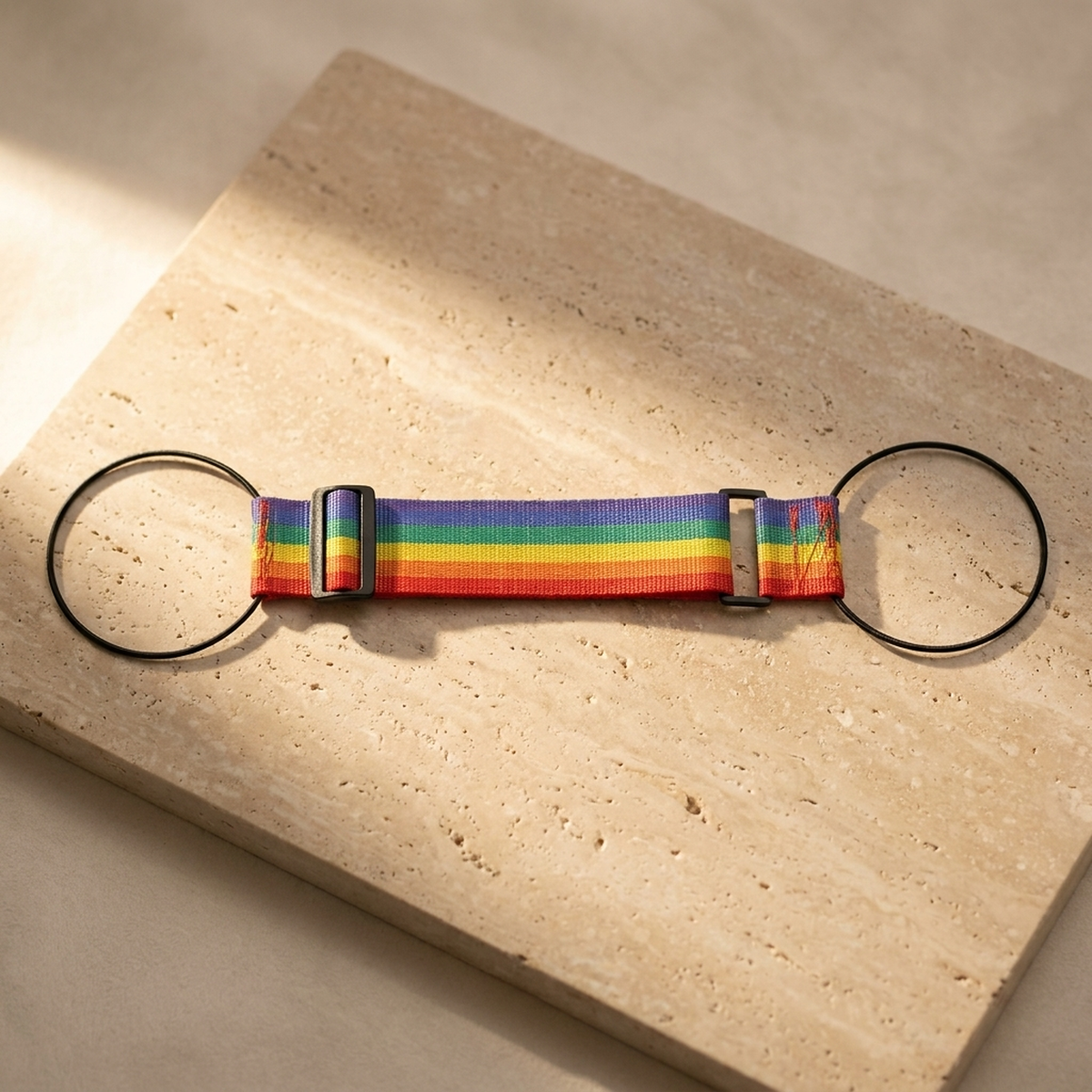 Strapo rainbow luggage strap laid flat on a stone surface