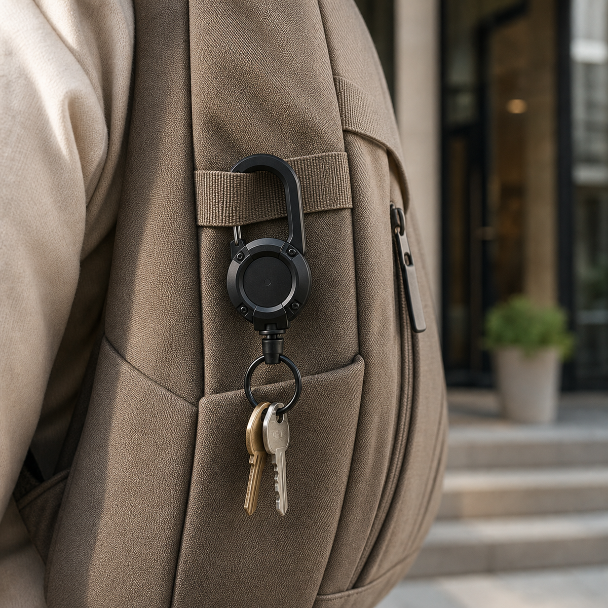 TUGLO retractable keychain clipped to a backpack with keys attached