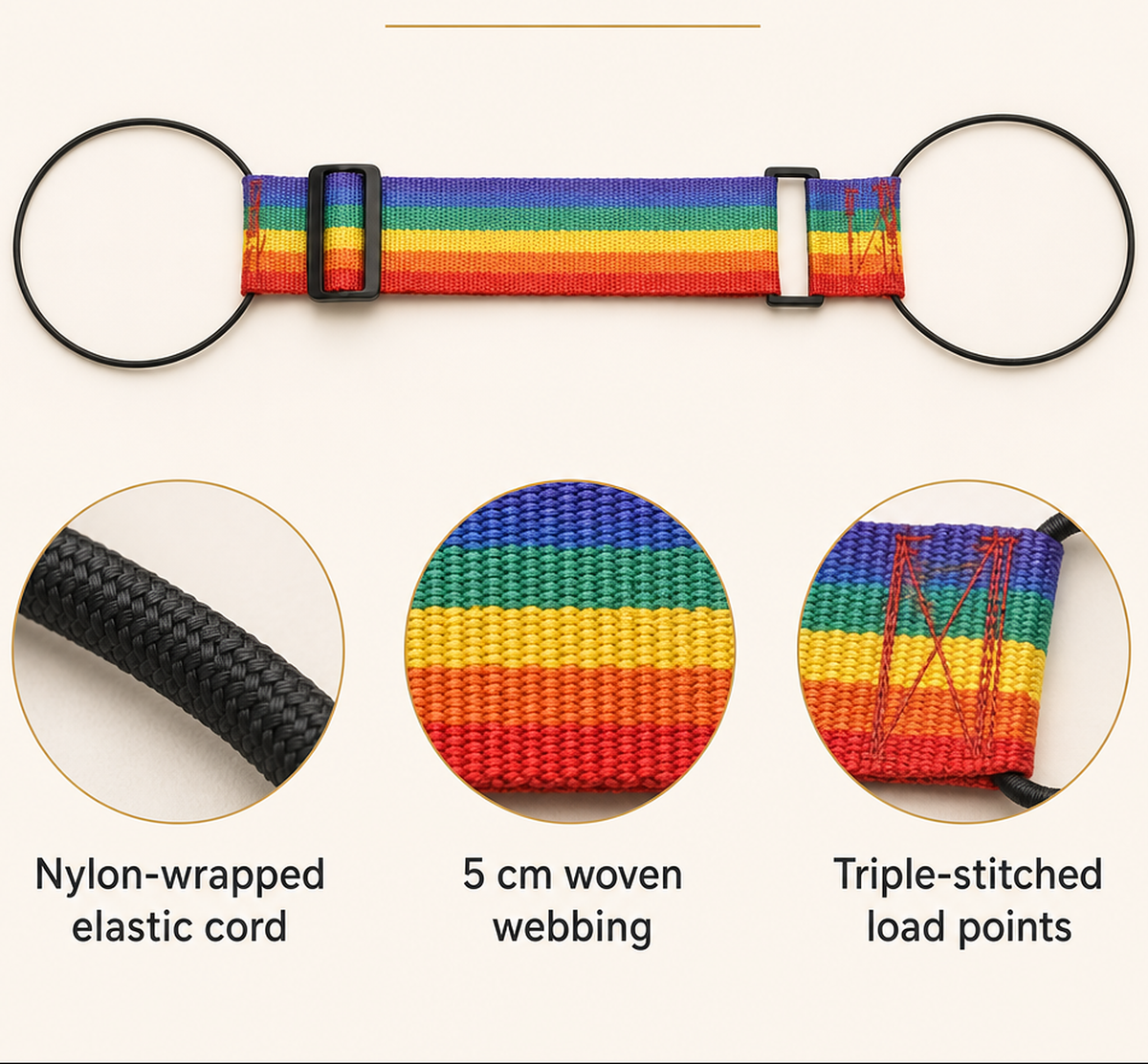 Close-up of Strapo nylon cord, woven webbing and stitched loops