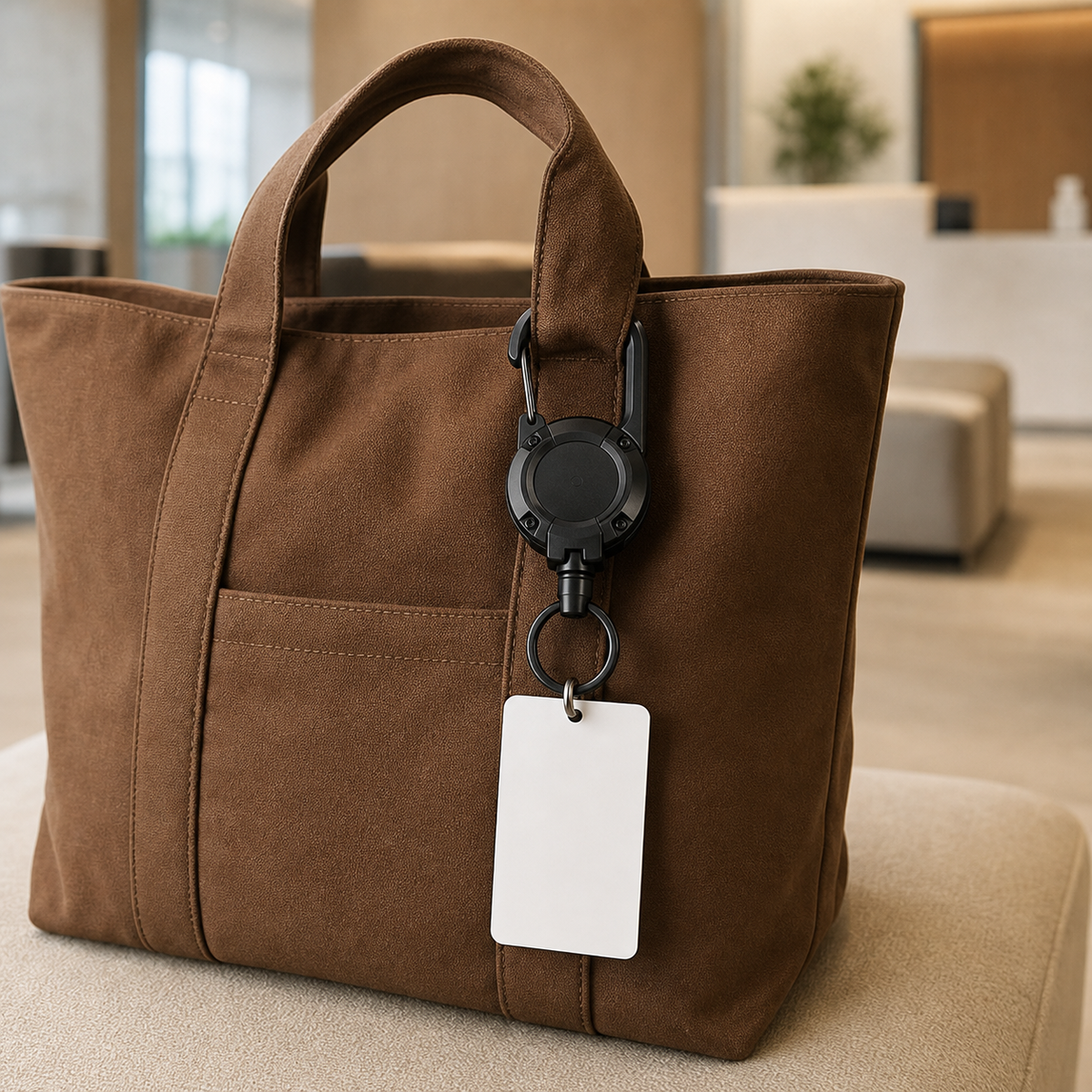 TUGLO holding an access card on an office bag