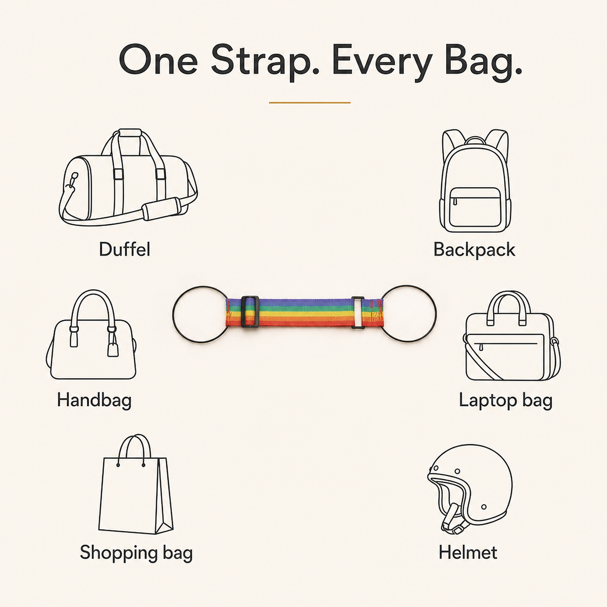 Diagram showing Strapo securing different bag types to luggage