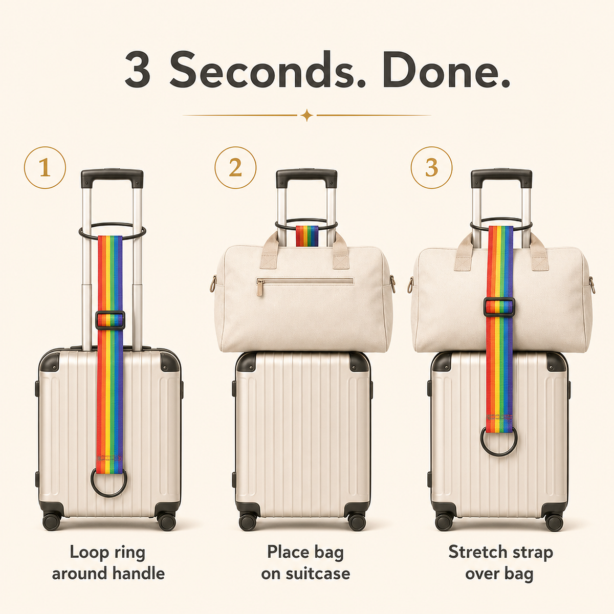 Three-step guide to fastening Strapo around a suitcase handle