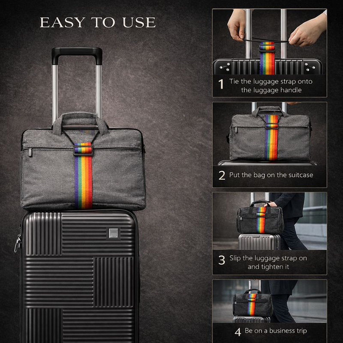 Step-by-step guide to attaching a bag with the Strapo luggage strap