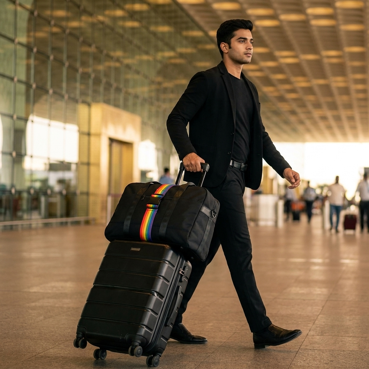Traveller using Strapo to secure a second bag to rolling luggage